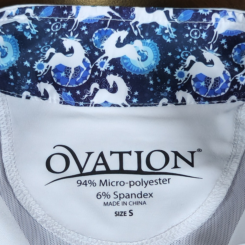 Ovation Esquestrian Kids Tech Show White Riding‎ Shirt Whims Horses Size S NWT